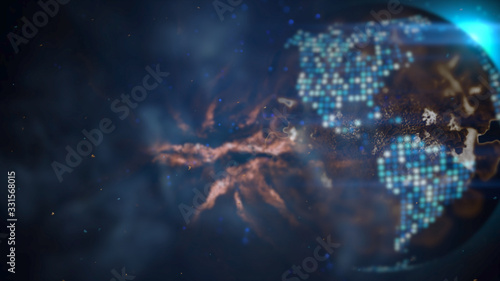 The planet earth transforms to virus on dark blue background of bacteria. 3d illustration for corona virus or COVID-19 attack the world. Virus illustration concept for poster and banner.