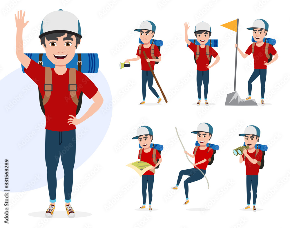 Male mountain climber vector character set. Hiker man character in different summer hiking activities like rope climbing, telescoping, walking and waving isolated in white background. 