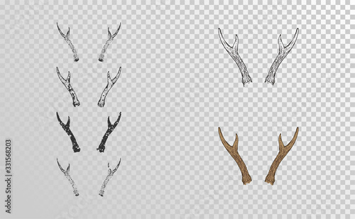 Vector set of hand drawn horns roe deer with grunge elements in different versions on a transparent background.