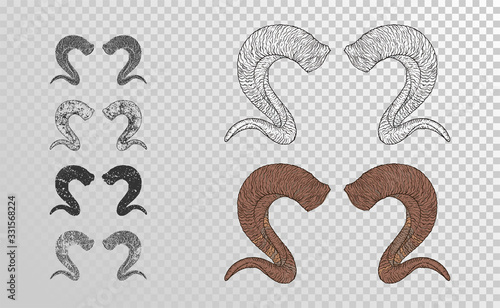 Vector set of hand drawn horns ram with grunge elements in different versions on a transparent background.
