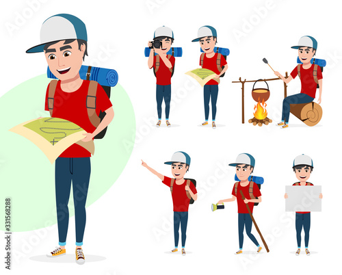 Tourist man vector character set. Male hiker characters in different activity poses summer adventure while standing and holding map, taking pictures and walking isolated in white background. 