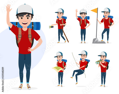 Male mountain climber vector character set. Hiker man character in different summer hiking activities like rope climbing, telescoping, walking and waving isolated in white background. 