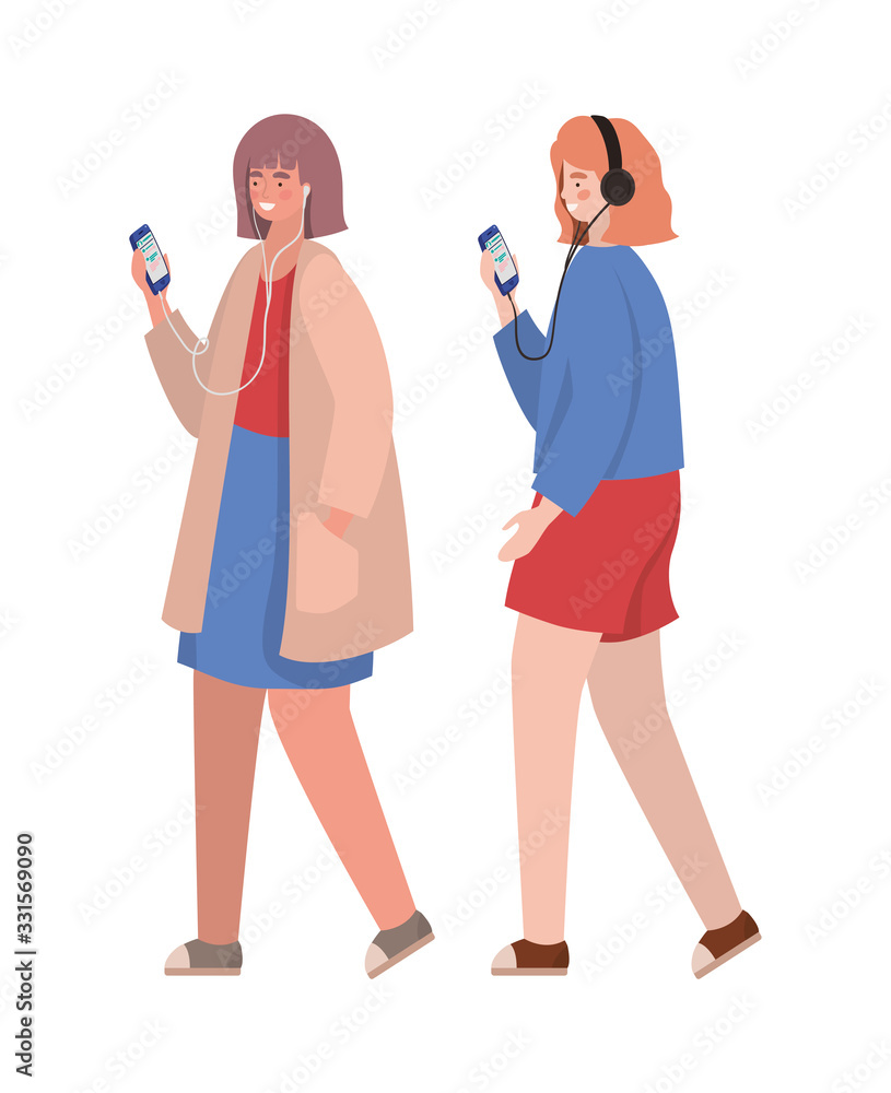 Girls with smartphones vector design