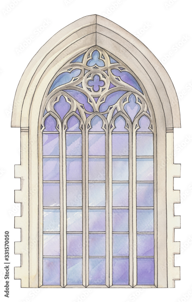 Watercolor gothic stained-glass window on a white background
