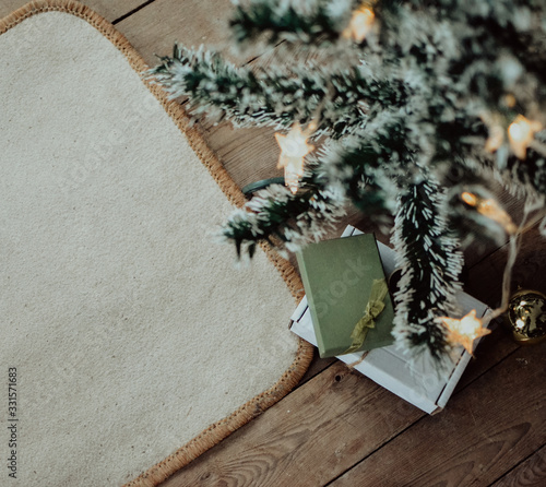 Flat lay winter cozy vintage background with copy space. Christmas atmosphere.