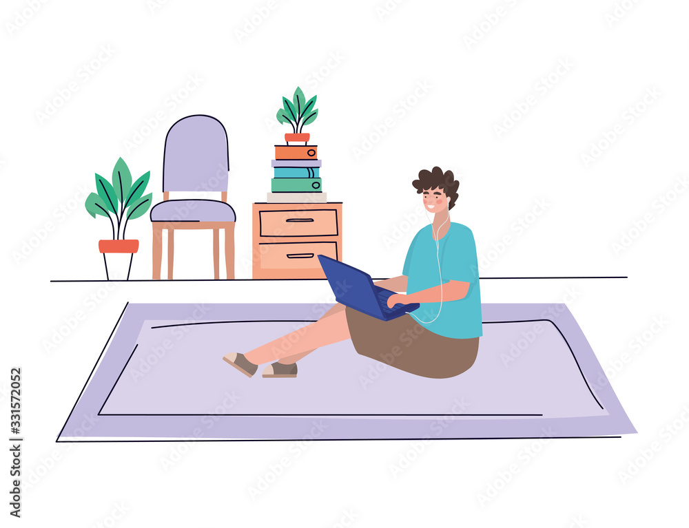 Fototapeta premium Boy with laptop at home vector design