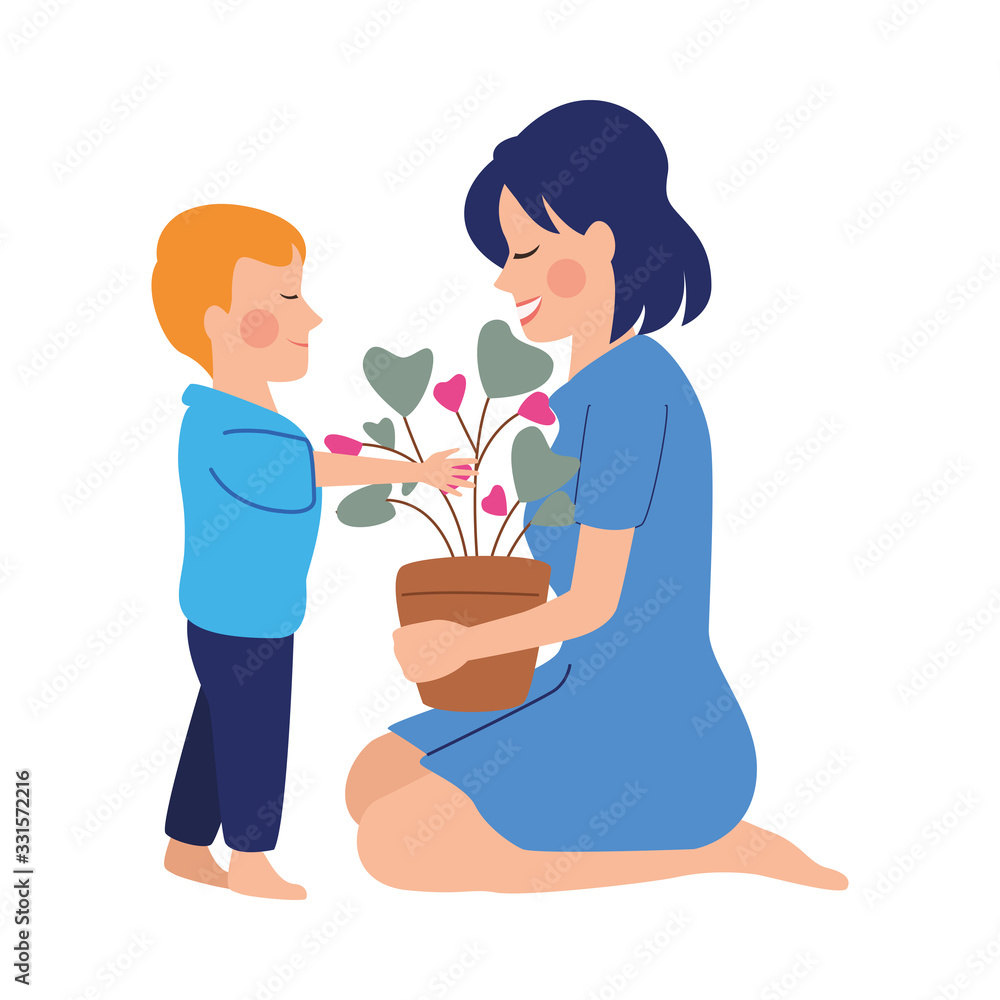 beautiful mother with son giving houseplant characters beautiful mother with son giving houseplant characters