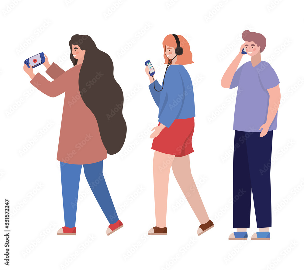 Boy and girls with smartphones vector design Boy and girls with smartphones vector design
