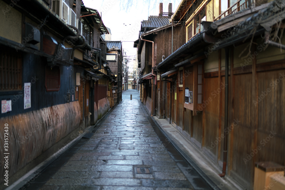 Kyoto,Japan-February 27, 2020: Gion Kiritooshi street after the rain in the morning