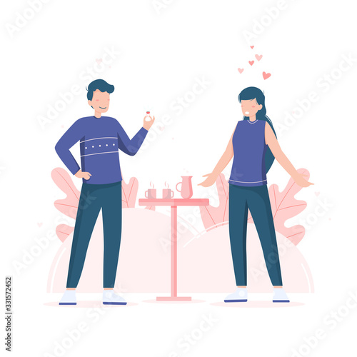 a man is proposing a woman with a ring in a cafe flat illustration. love vector illustration