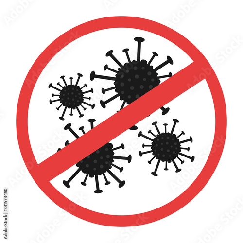 Isolated stop sign with a virus icon on a white background. Red ban icon for coronavirus infection concept.