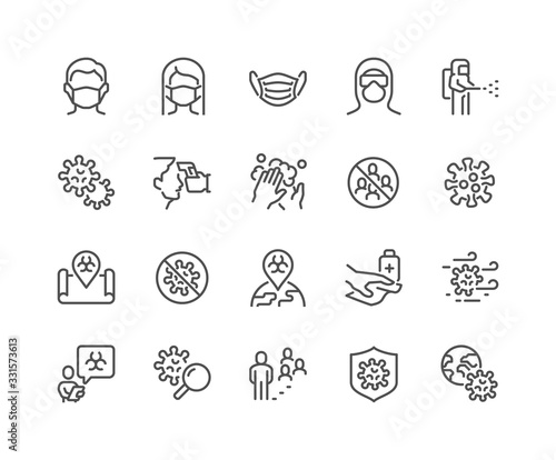 Simple Set of Coronavirus COVID-19 Safety Related Vector Line Icons. Contains such Icons as Washing Hands, Outbreak Map, Man and Woman Wearing Face Mask and more. Editable Stroke. 48x48 Pixel Perfect. photo