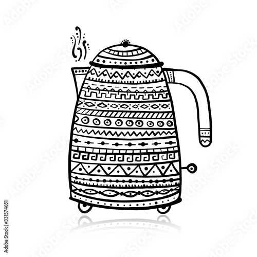 Teapot or electric kettle isolated on white. Household appliances. Electronic device. Ethnic design ornament. Home appliances