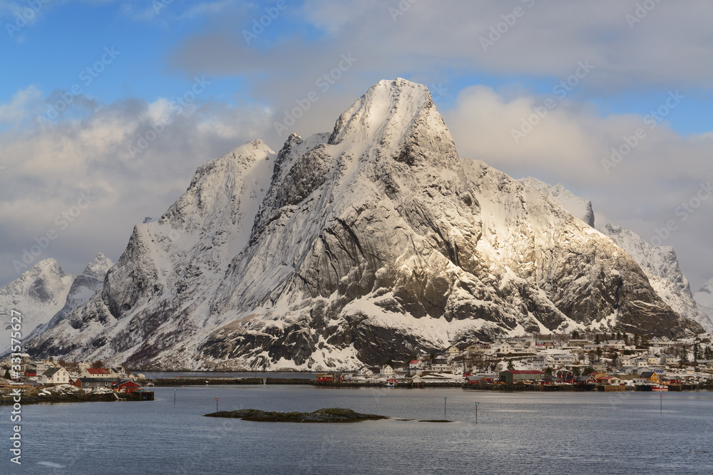 Mountain in snow in the sun, Lofoten Islands, Norway
