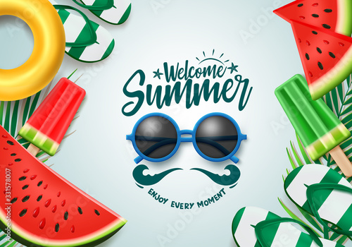 Summer vector banner design. Welcome summer text with sunglasses, tropical fruits and beach elements for holiday season. Vector illustration. 