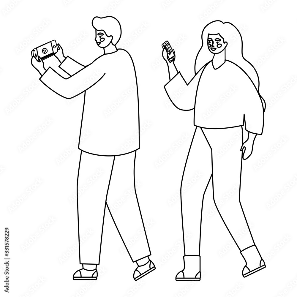 Boy and girl with smartphones vector design Boy and girl with smartphones vector design