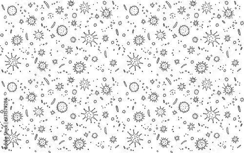 Virus, Coronavirus. Background, pattern, frame with outline Molecules and cells viral bacteria infection. Simple doodle black and white icons. Microbiology