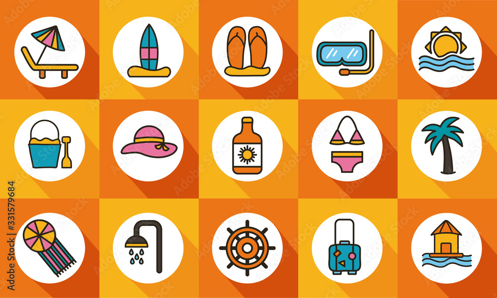 bundle of beach set line and fill icons bundle of beach set line and fill icons