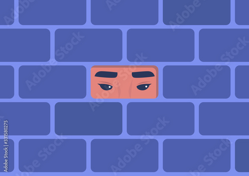 Asian Eyes looking through a hole in a wall, freedom and borders, privacy, stalking, introvert mindset, depression