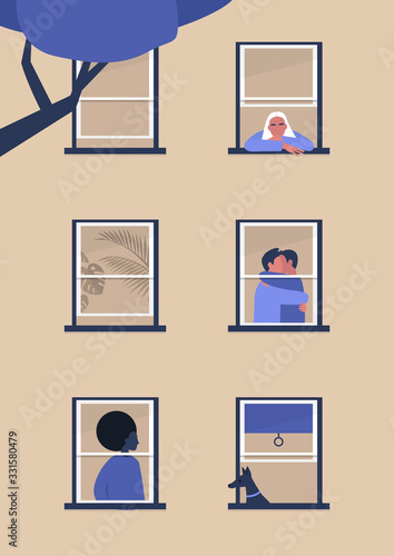 Building facade, neighbours looking through the windows, daily routine life, diverse community