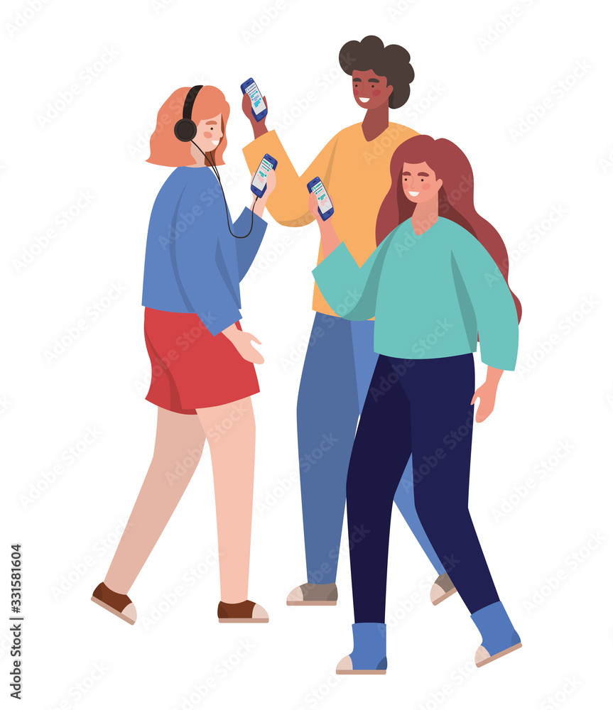 Fototapeta premium Boy and girls with smartphones vector design
