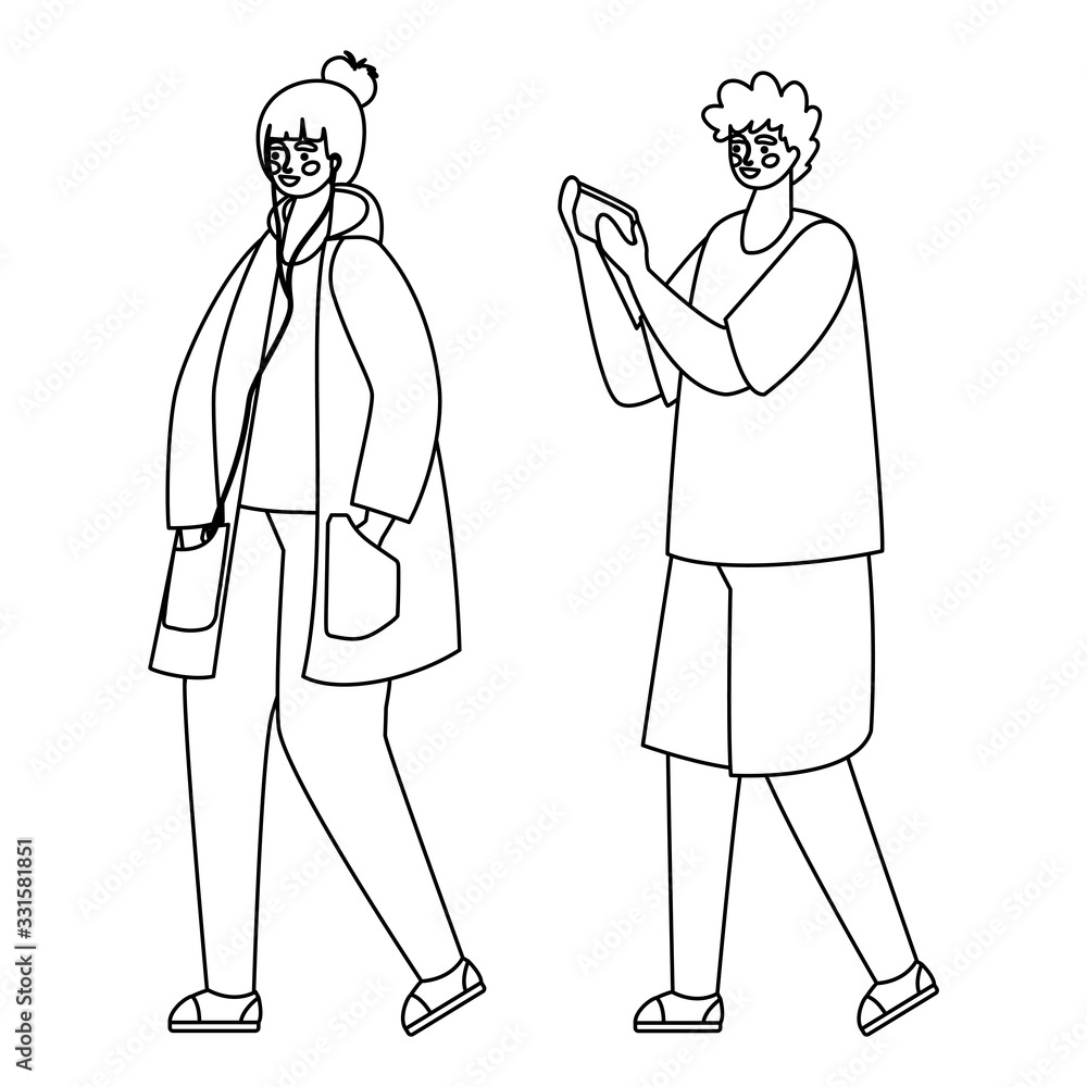 Boy and girl with smartphones vector design
