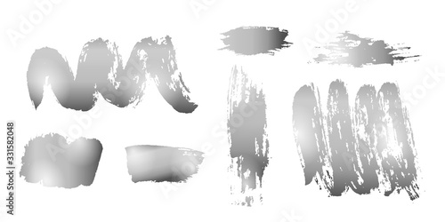 Vector set of hand drawn decorative elements with silver texture for design. Brush strokes grunge design elements. Collection of gold ink vector spots