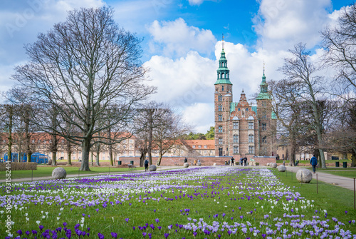 Beautiful crocus flowers in the garden. Sign of spring, Rosenborg slot, Copenhagen, Denmark