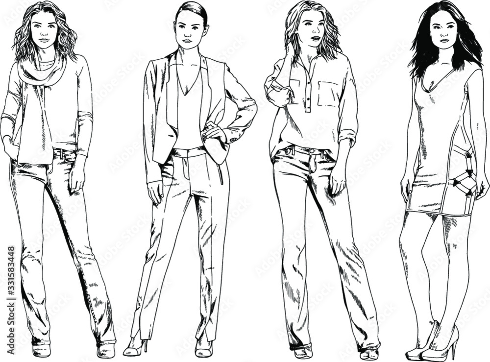 vector drawings on the theme of beautiful slim sporty girl in casual clothes in various poses painted ink hand sketch with no background