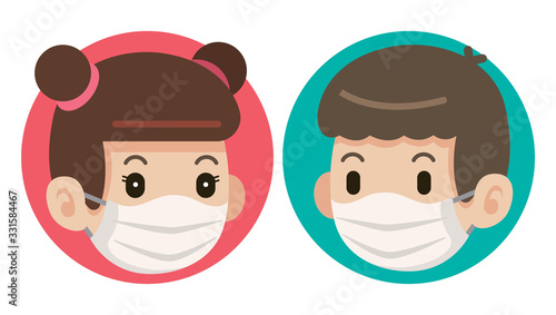 Flat art of female and male wearing protective surgical mask icons - vector 