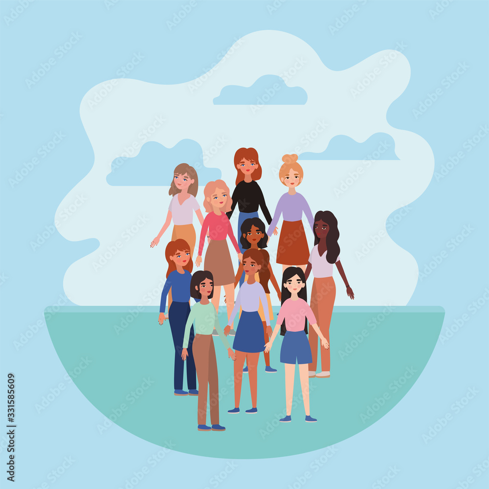 women avatars and clouds vector design