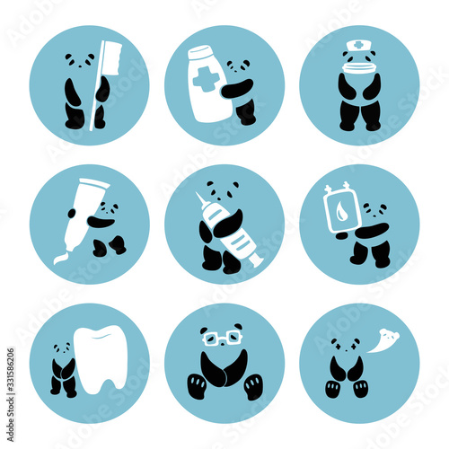 Cute panda icons for children hospital, isolated in blue circle background. Children hospital icons vector set.
