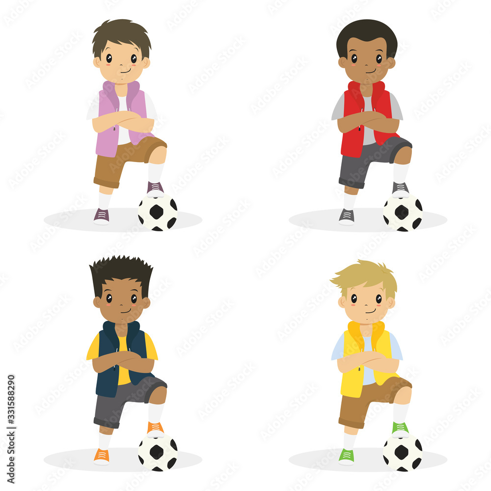 happy boys with arm crossed and left foot on a soccer ball, cartoon vector set. happy boys with arm crossed and left foot on a soccer ball, cartoon vector set.