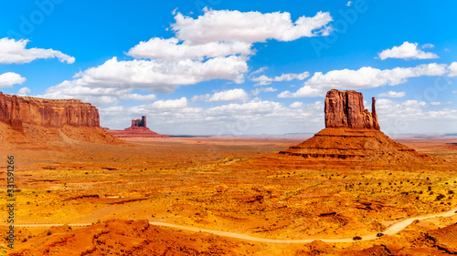 Large Red Sandstone Formations of Sentinel Mesa, Stagecoach Butte and West Mitten Buttes in Monument Valley on the Utah-Arizona border, USA