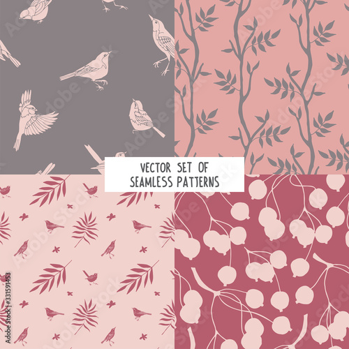 Obraz na plátně Vector set  seamless  patterns with berries, twigs, birds and leaves