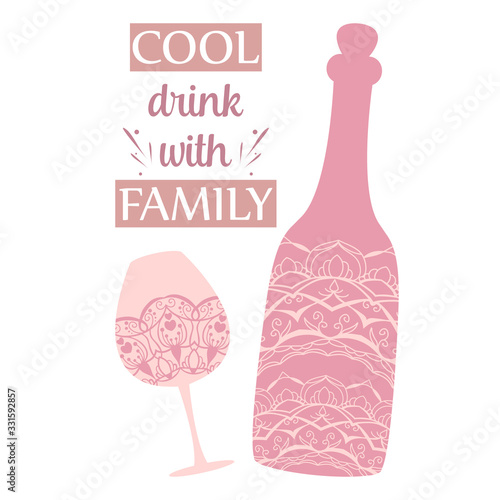 Antique bottle wine and glass champagne. Vector