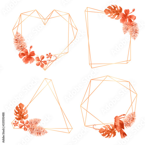 Floral set of golden geometric frames with burnt orange watercolor tropical palm leaves. Botanical vector illustration for invitation card and decor