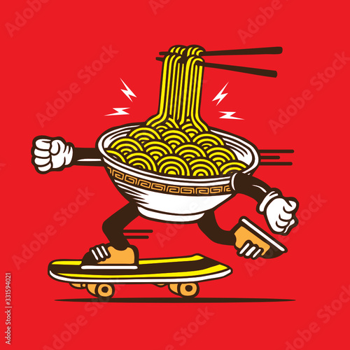 Asian Noodle Ramen Bowl Skateboarding Character Design