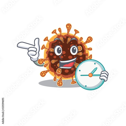 Cheerful gamma coronavirus cartoon character style with clock