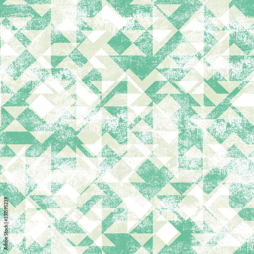 Seamless abstract grunge geometric pattern. Green, beige shapes on a white background.