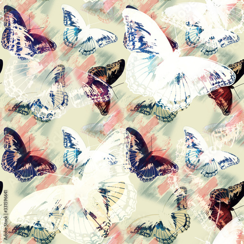 Seamless colorful pattern with butterflies on a light background.