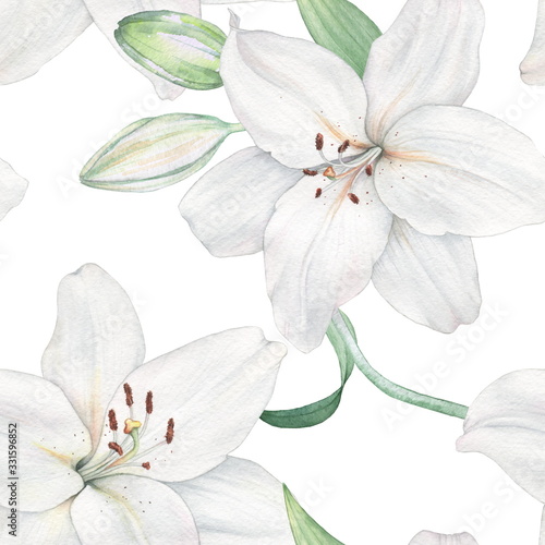 White lily isolated on white. Watercolor painting. Seamless pattern. Decorative element suitable for Wallpaper  wrapping paper and backgrounds