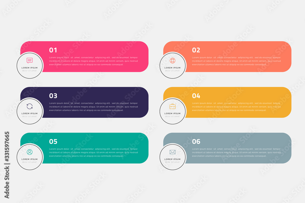 Vector timeline infographic with 6 options, steps or processes. Colorful template design Vector timeline infographic with 6 options, steps or processes. Colorful template design