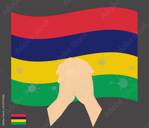 Praying hands with Covid-19 or novel coronavirus stained on the National Flag of the mauritius, Pray for mauritius, Save Mauritian people concept, sign symbol background, vector illustration.