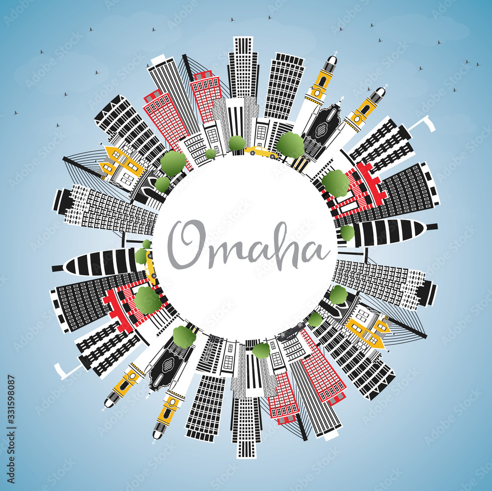Omaha Nebraska City Skyline with Color Buildings, Blue Sky and Copy Space.