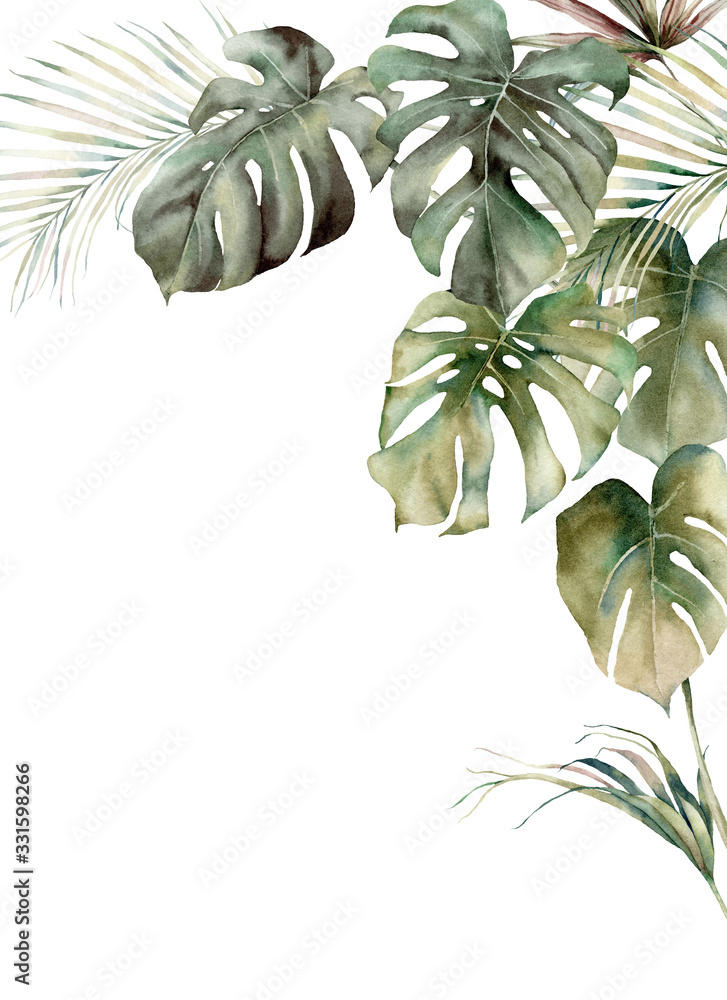 Watercolor tropical frame with monstera and coconut leaves. Hand painted exotic leaves isolated on white background. Floral illustration for design, print, fabric or background. - obrazy, fototapety, plakaty 