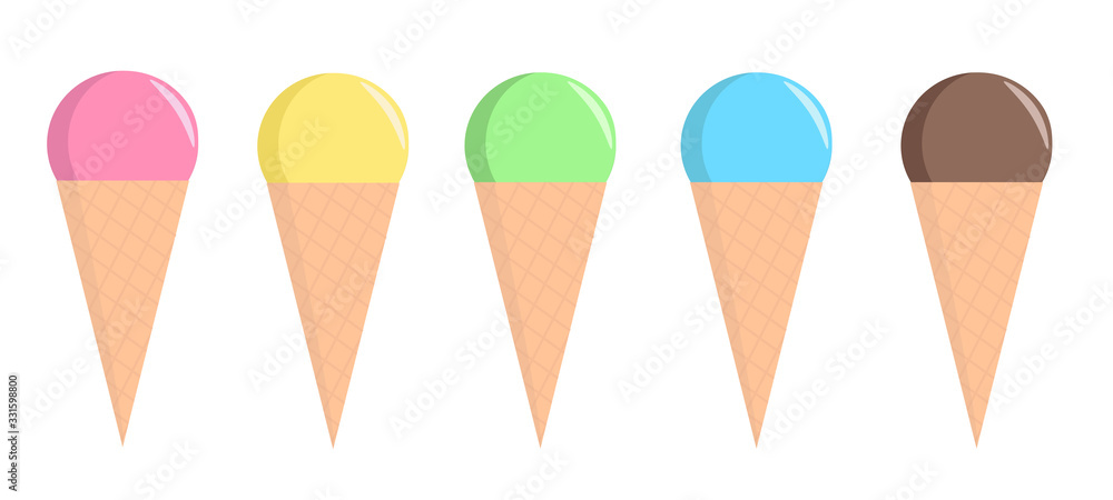 Collection of different ice creams in waffle cups. Vector illustration. Collection of different ice creams in waffle cups. Vector illustration.