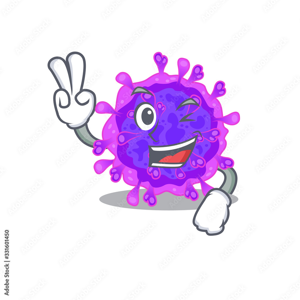 Cheerful alpha coronavirus mascot design with two fingers Cheerful alpha coronavirus mascot design with two fingers