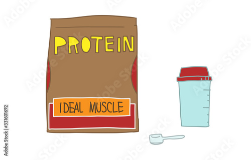 筋力トレーニングのアイテム、粉末タイプのプロテインとシェーカーセットのイラスト