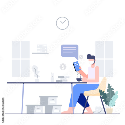 Man wear mask fight covid-19 and work from home. Corona virus outbreak pandemic. flat character. Abstract people. Health and medical.